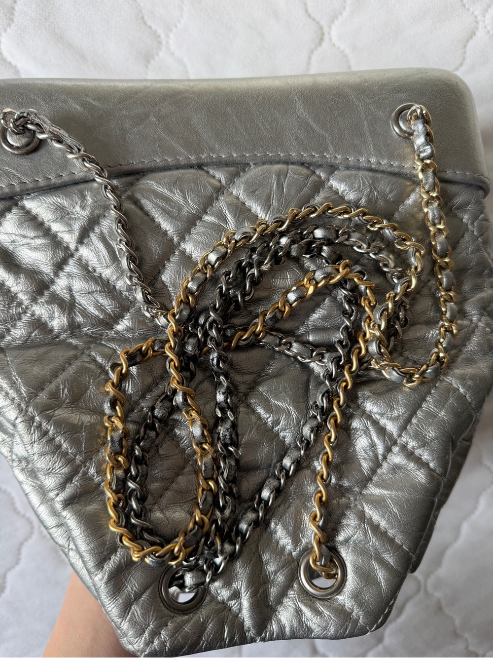 CHANEL Silver Backpack Quilted Drawstring Shoulder with Mixed Metal Chain - Picture 12 of 12